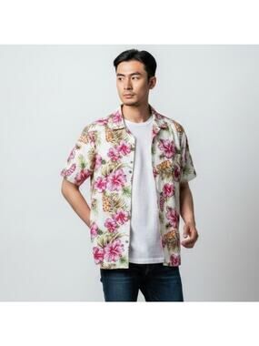 Mens SSLR Tropical Floral Shirt Small White Pink Cotton Vacation Beach Shirt
